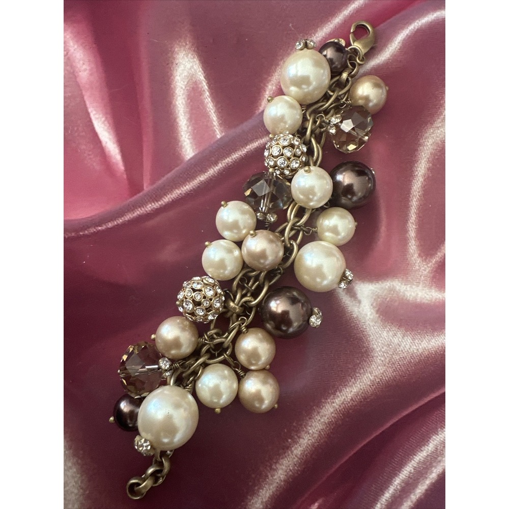 Faux Pearl Crystal Rhinestone Bauble Chain Dangle Bracelet Bronze Gold‎ Tone 8"